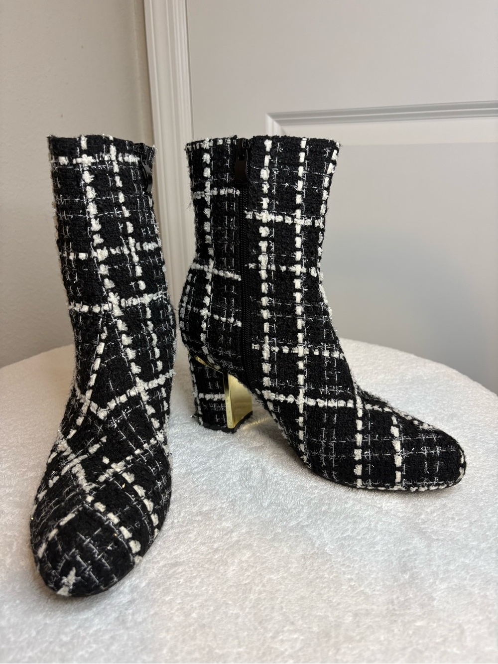 Black & White Tweed Ankle Boots with Gold Accent Heel
